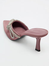 Grey Pink Satin Rhinestone Bow Pointy Backless Pumps High Heeled Slip-On Mules